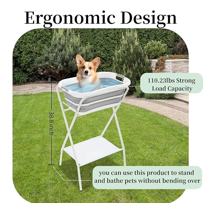 2 in 1 Dog Bathtub Small Pet Bathtub with Stand, Foldable Pet Bath with Drainage Tube, Portable Dog Washing Station for Small Dogs Cats, Indoor & Outdoor, 110.23lbs Load, 26'' L×16.5‘’ W×38.8'' H
