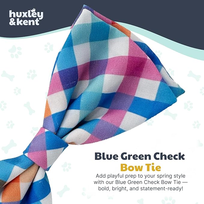 Huxley & Kent Pet Bow Tie for Dogs & Cats - Adjustable Hook & Loop Collar Accessory - Cute & Comfortable for Holidays & Celebrations - Blue/Green Check, Large