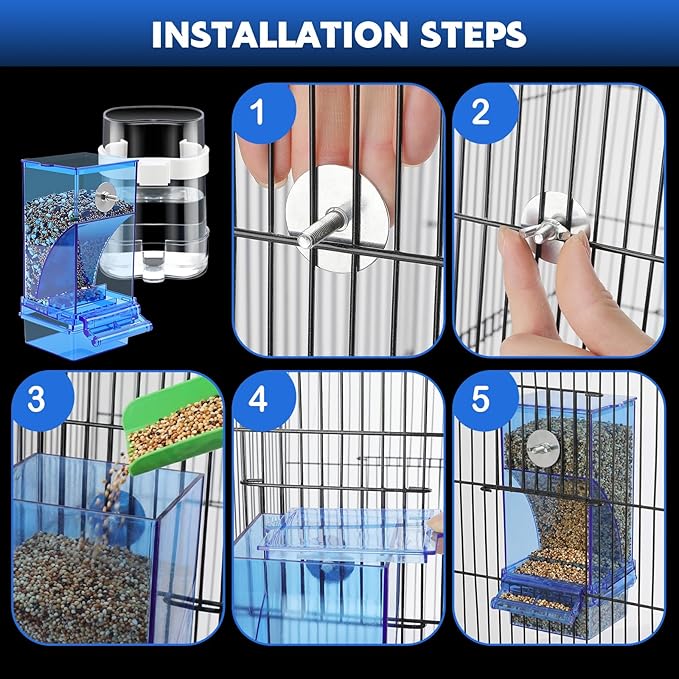 Yaomiao 8 Pcs No Mess Small Bird Feeders Automatic Parakeet Water Dispenser with 4 Pcs Cage Perch Clear Quail Feeder and Watered Cage Accessories for Small and Medium Parakeet Cockatiel Canary(Blue)