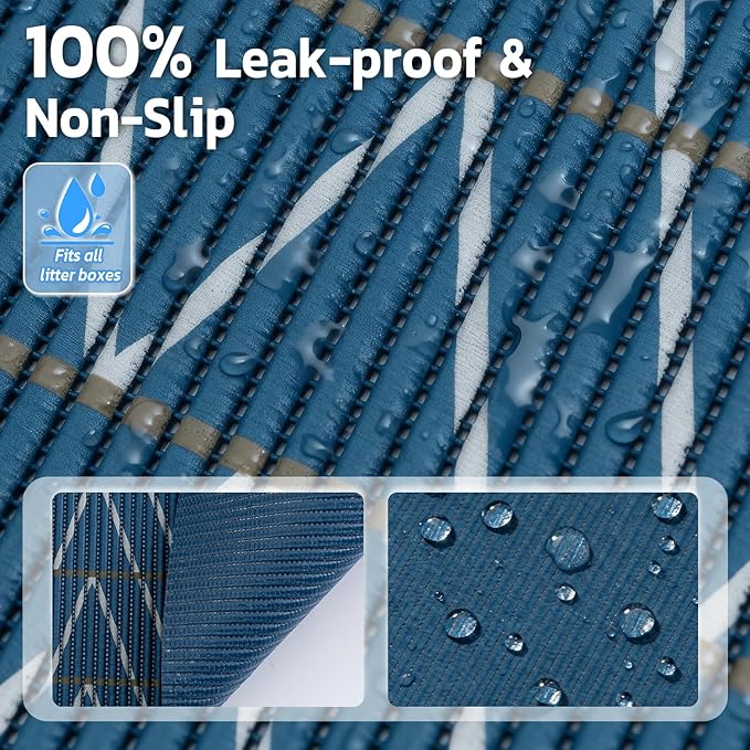 Extra Large Cat Litter Mat, 40x25 Inch Trimable & Soft Foam Pad, Leak-Proof & Non-Slip Bottom, Machine Washable, Scatter Control for Litter Box Area (Navy Chevron)