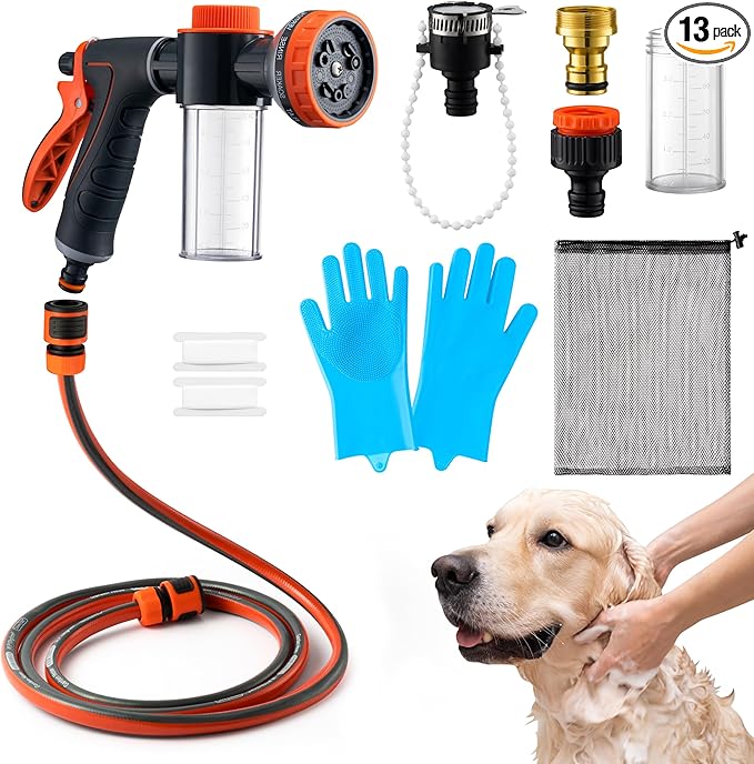 MALLMALL6 Dog Washing Hose Attachment with Pet Grooming Glove & 2 Soap Dispenser, 10-in-1 Spray Modes Foam Nozzle Sprayer with 8.2Ft Pup Washer Hose for Showering Pets Car Wash Watering Flowers