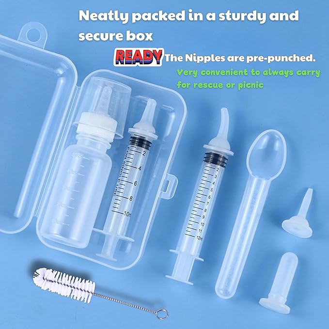 Newborn Kitten & Puppy Feeding Kit, 50ml Nursing Bottle & Syringe Set with Soft Silicone Nipples, Oral Dosing Syringe & Medicine Dispenser, BPA-Free Nursing Supplies for Cats, Dogs, Rabbits, Squirrels