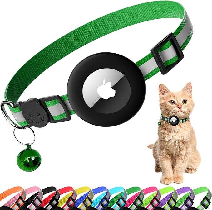 Cat Collar with Air Tag Holder, Reflective Kitten Collar with Bell, Breakaway Airtag Cat Collar for Boys Girls Cats, GPS Tracker for Cats 0.4’’ Width Adjustable Safe Kitty Collar, Green