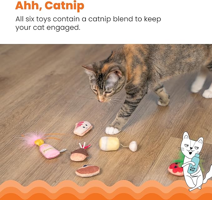Catstages Purrsecco & Cupcakes Cat Toys, 6-Pack Catnip Toys with Feathers, Crinkle & Mesh, Multicolored