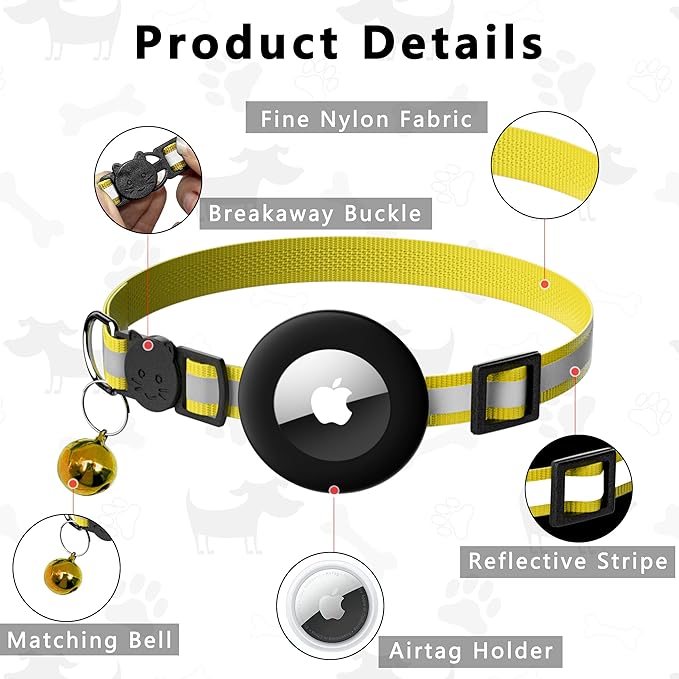 Cat Collar with Air Tag Holder, Reflective Kitten Collar with Bell, Breakaway Airtag Cat Collar for Boys Girls Cats, GPS Tracker for Cats 0.4’’ Width Adjustable Safe Kitty Collar, Yellow