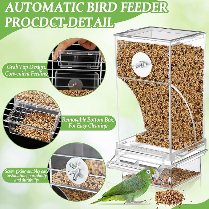 Novabright 7 Pcs No Mess Bird Feeder Water Dispenser Set Include Automatic Parakeet Feeder and Drinker with Bird Paw Grinding Stick Cage Accessories for Small Medium Cockatiel Lovebird(Classic,Clear)