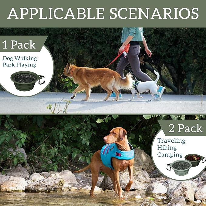 OHMO Collapsible Dog Water Bowls w/Built-in Stainless Steel Ring – 2pcs Small 12oz/400ml Portable Silicone Pet Feeding Bowl for Hiking, Camping, Travel