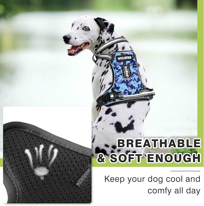 WINSEE Dog Harness No Pull, Pet Harnesses with Dog Collar, Adjustable Reflective Oxford Outdoor Vest, Front/Back Leash Clips for Small, Medium, Large, Extra Large Dogs, Easy Control Handle for Walking