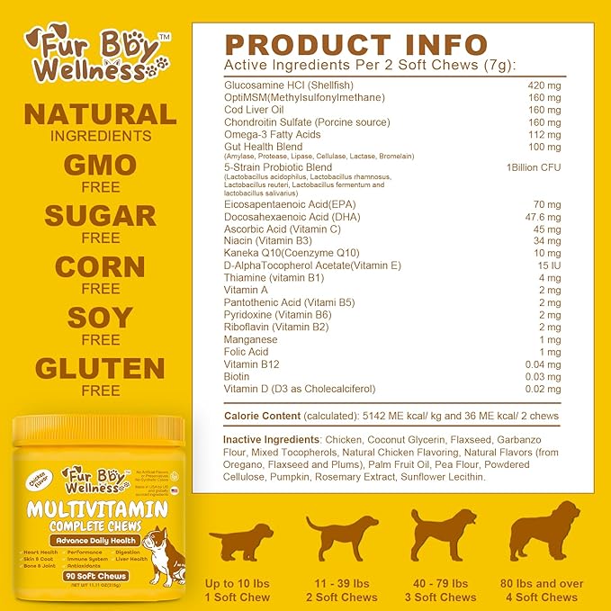 Maximum Support Daily Dog Multivitamin – Advanced Care Formula for Fast Relief of Hip & Joint, Skin & Coat, Immune & Allergy Health – Glucosamine, Chondroitin, Probiotics & Omega Fish Oil – 90 Chews