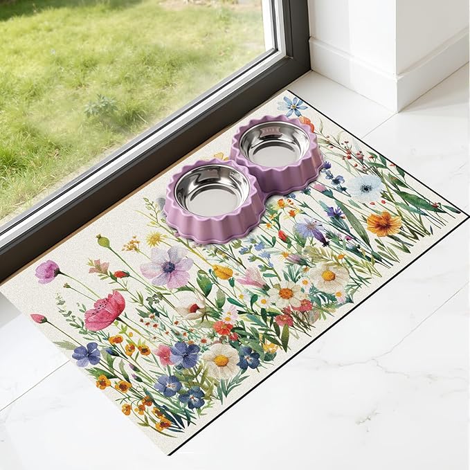 Dog Cat Food Mat - Absorbent Anti Slip Dog Bowl Mats for Food and Water, Quick Dry Cat Feeding Matts for Floors, Diatomite Pet Dish Placemat Accessories Supplies, Wildflower Style, 12 * 20in
