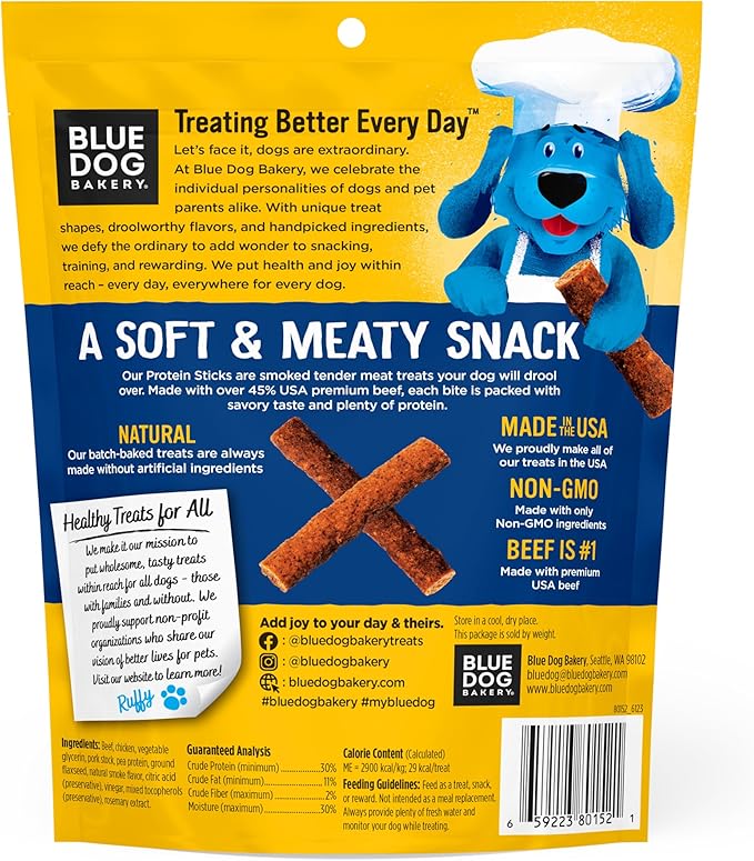 Blue Dog Bakery Protein Jerky Sticks | Medium, Soft Beef Flavor Chew Sticks | Natural Healthy Dog Treats, 6 oz (Pack of 8)
