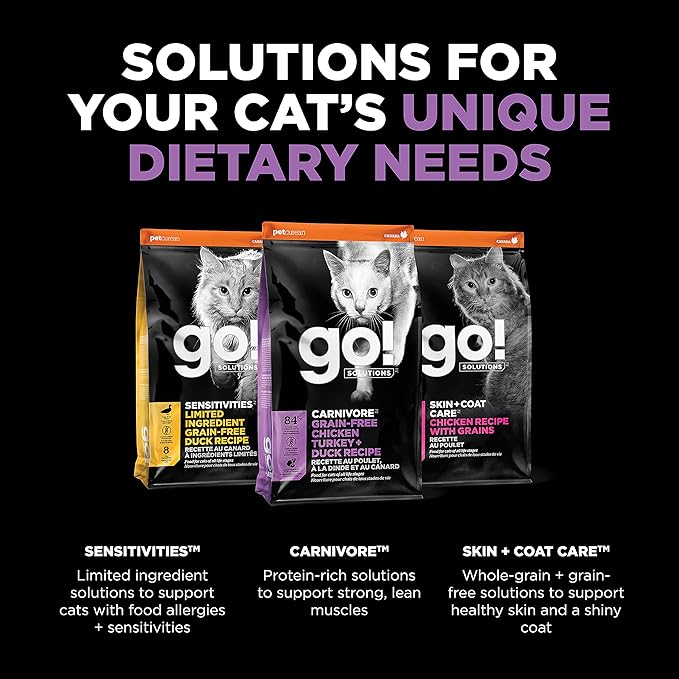 Go! Solutions Carnivore Chicken, Turkey + Duck Grain-Free Dry Cat Food, Our Highest-Protein Kibble Made with Real Meat & Fish, Cranberries for Urinary Health, for Kittens, Adults & Seniors, 8 lb Bag