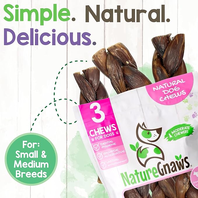 Nature Gnaws Braided Beef Chews for Dogs 5-6" (3 Count) - Long Lasting for Small and Medium Dogs - Natural Beef Gullet Jerky Dog Chew Treats