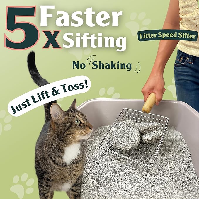2 PACK Sprinkle & Sweep Metal Cat Litter Scoop - Heavy Duty Litter Scooper & Speed Sifter with Comfortable Beech Wood Grip - Washable Convenient Stand for Easy and Efficient Cleaning