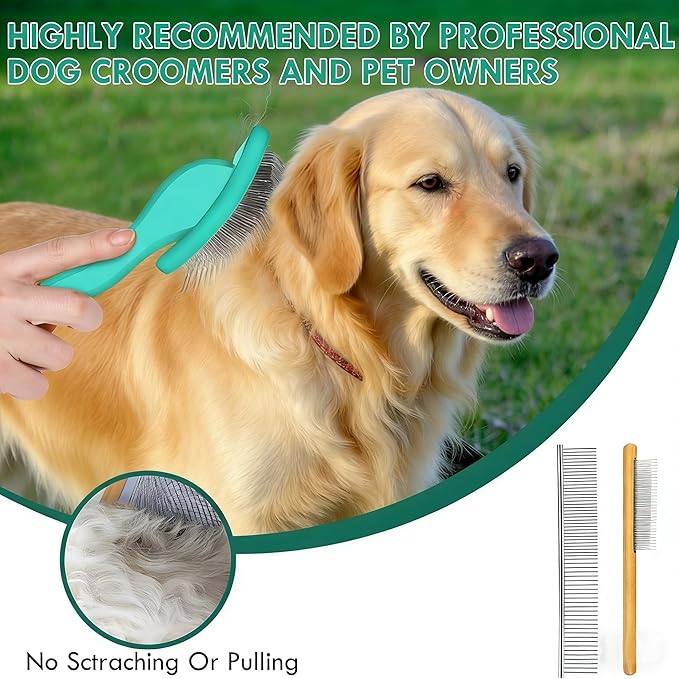 Slicker Brush for Dogs, Large Long Pin Dog Grooming Brush for Doodles Goldendoodles Poodles Labradoodle Bernedoodles, 3 Pcs Wooden Handle for Mats Tangles - Green