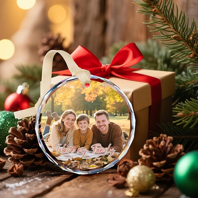 Personalized Christmas Ornaments with Photo - Custom Christmas Ornament - Customized Crystal Glass Christmas Tree Decor Gifts for Family, Couples, Friends, Pets, Baby