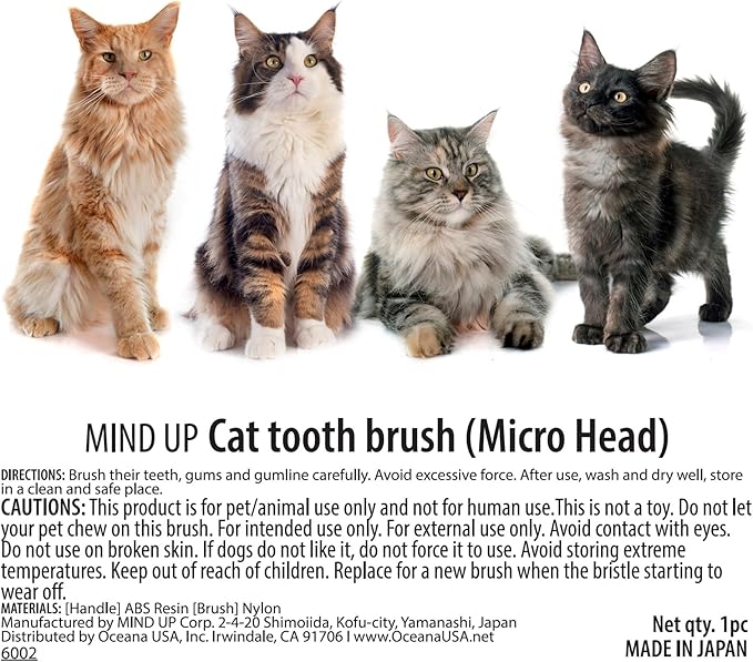 MIND UP Cat Toothbrush with Micro Head, 15° Angled Design for Easier Reach, Pet Toothbrush for Cats & Kittens, Gentle Everyday Brushing, Made in Japan