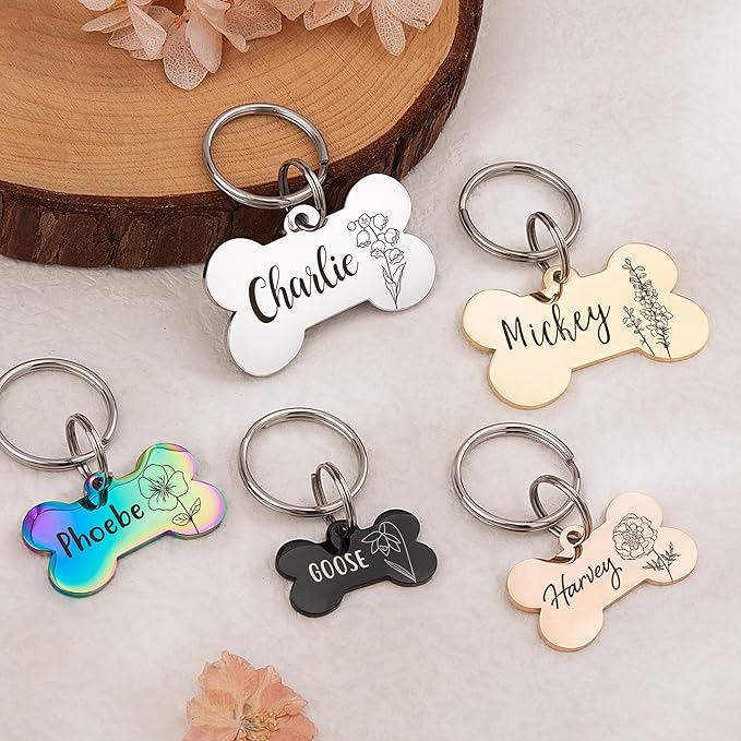 Anavia Floral Pet ID Tags, Birth Month Flowers Theme Dog Tag Round Bone Shape Cat Name Tag, Glossy Stainless Steel Gold Plated Dog Collar Tag (Bone Shape - Rainbow, Small)