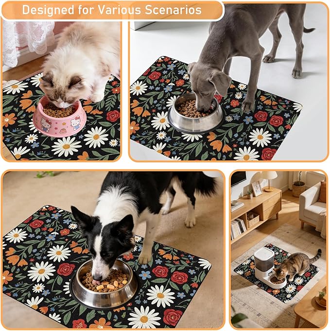 Dog Cat Food Mat - Absorbent Quick Dry Dog Bowl Mats for Food and Water, Anti Slip Cat Feeding Placemat for Floors, Diatomite Pet Dish Matts Accessories Supplies, Floral Style, 16 * 24n