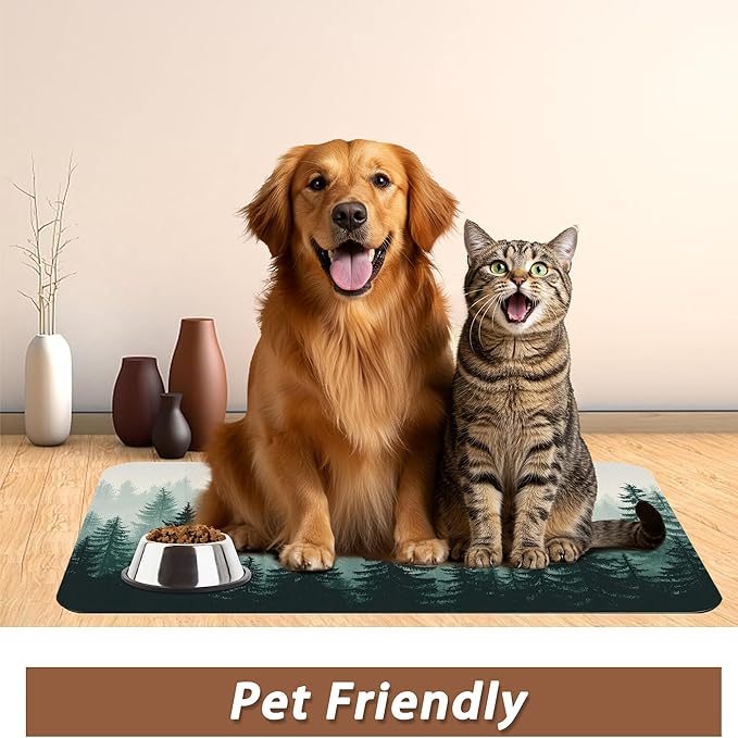 Misty Forest Pet Feeding Mat,Absorbent Quick-Dry Cat Dog Food and Water Bowl Mats,Non-Slip Rubber Backing Mat,Cat Dog Accessories Supplies 12"x20"