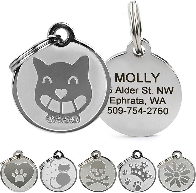 GoTags Designer Pet ID Tags in Stainless Steel for Dogs and Cats, Custom Engraved with 4 Lines of Personalized ID, Cute, Unique Pet Tags in Several Fun Designs