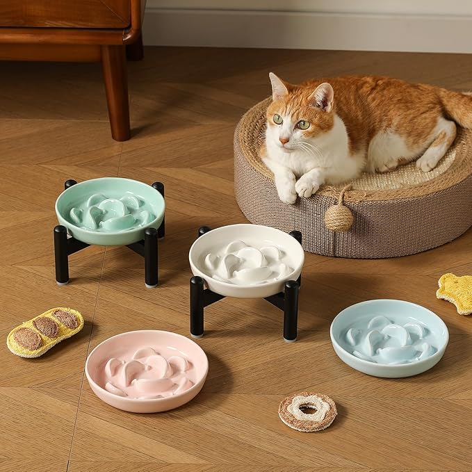Elevated Slow Feeder Cat Bowl - Ceramic Cat Food Dish with Anti-Slip Stainless Steel Stand - Raised Maze Plate for Slow Eating - Pale Blue