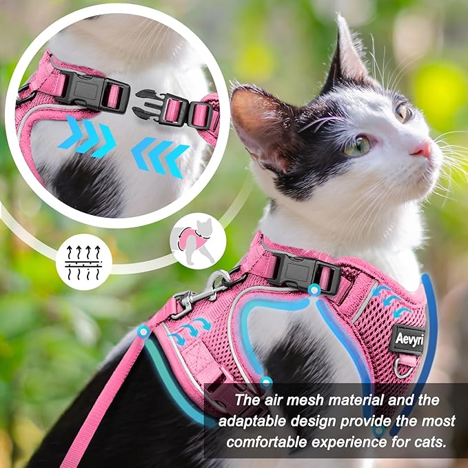 Cat Harness and Leash for Walking, The Upgrade Can be Adjusted in Four Directions and Breathable Cat Harness for Anti Escape that can be Fitted and Positioned, Reflective Strips Harness, Pink, S