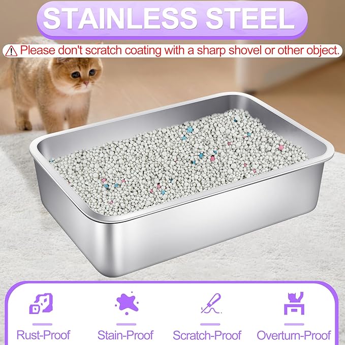 3 Pack Stainless Steel Cat Litter Boxes 17.7"L x 13.8"W x 5.9"H Large Metal Litter Boxes with High Sides Sturdy Kitty Litter Aluminum Pans for Pets No Smell, Non Stick, Easy to Clean (M)