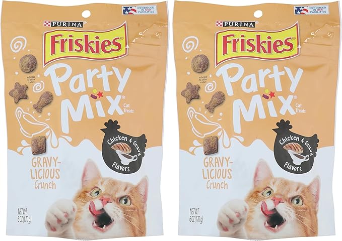 Friskies PURINA Party Mix Chicken and Gravy Crunch CAT Snack RESEALABLE PEG Bag 6 OZ - 0050000169251 (Pack of 2)