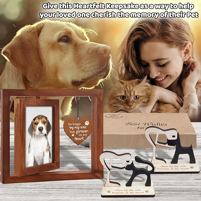 Pet Memorial 4x6 Picture Frame Wooden Rotating Walnut, Cat Remembrance Gifts, Pet Dogs Hair Keepsake Fur Jar Rainbow Bridge No Longer By My Side Heart Tag, In Loving Sympathy Animal Loss Gift PR-3W