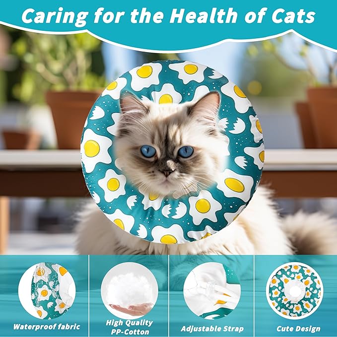 Soft Cat Cone Collar, Cute Cats Recovery Collar Suitable for Small, Medium, Large cat,Elizabethan Neck Collar for Cats After Surgery (Poached Egg, Large)