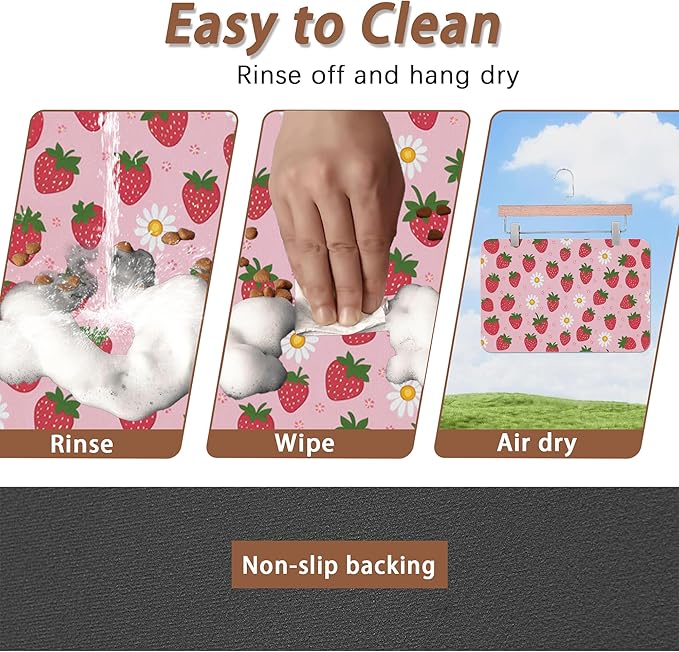 Cute Strawberry Flower Dog Cat Food Mat,Pink Absorbent Pet Feeding Mat with Rubber Backing,Non-Slip Water Bowl Placemat,Indoor Pet Accessories Supplies 12"x20"