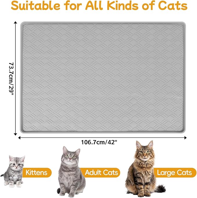 Lanstics Cat Food Mat, 42" x 29" Large Silicone Mat Cat Feeding Mat with Raised Edge Non-Slip Pet Feeding Mat for Food and Water Bowl, Easy to Clean, Floor Protection (Light Gray)