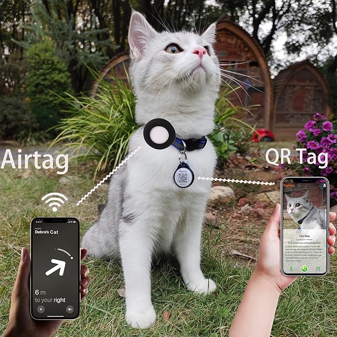 Reflective Breakaway Cat Collar with Apple AirTag Holder with Smart ID tag, QR Code Tag & Bell - Personalized Real-Time Tracking for Cats & Kittens,NO APP (Sky Blue)