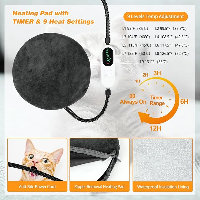 FHTONGE Washable Heated Cat Bed with Timer Temp Adjustment, Self Warming Cat Donut Bed with Overheat Protection, Snuggle Round Pet Nest with Electric Heating Pad, Thermal Cozy Cuddler for Kitten Puppy