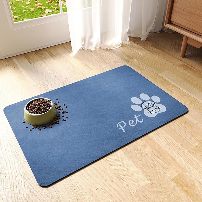 Dog Cat Feeding Mat-Absorbent Pet Bowl Mat for Food and Water, Quick Dry Water Dispenser Mat for Floors with Waterproof Rubber Backing, Puppy Cat Placemat Mats for Messy Drinkers,16"x24",Blue