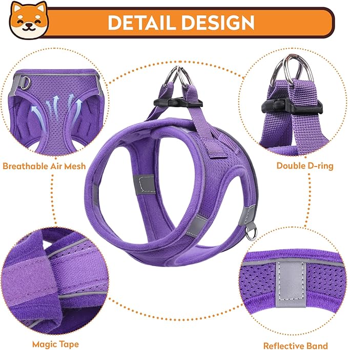 Dog Harness with Leash Set, No-Pull Step-in Reflective Pet Harness with 1 Leash Clips, Adjustable Soft Padded Easy Walk Dog Vest for Small Medium Large Dogs, Cats(Light Purple, XXSmall)