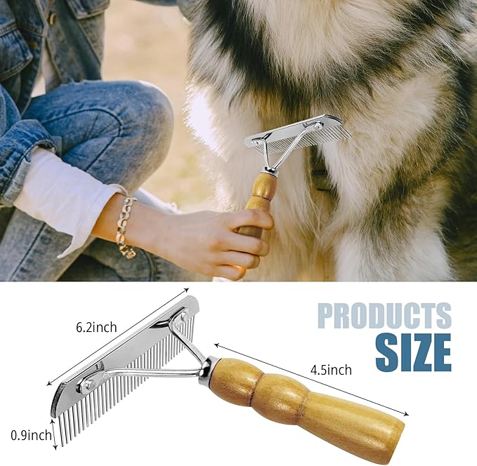 H H&J HUAJIAN Undercoat Rake for Long-Haired Dogs and Other Shedding Pets,Gentle Undercoat Scrubber for Horses, Dogs with Shedding Fur, and Pet Grooming, Wood Handle (1)