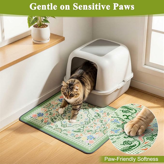 Unicorn Catcher 24X15in Cat Litter Mat Machine Washable Soft 3D Air Mesh Litter Box Rug Non-Slip Backing Quick Dry Scatter Control for Paws,Bean Green