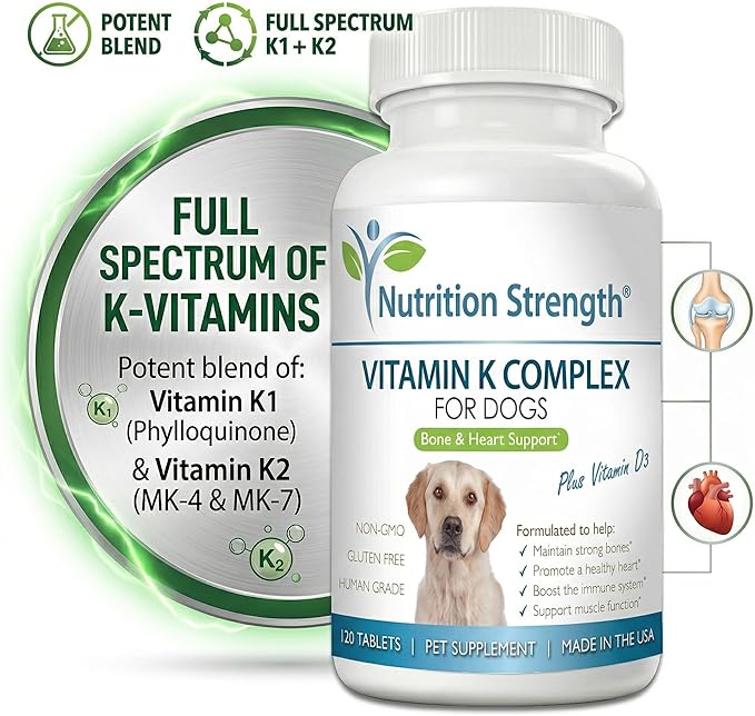 Vitamin K for Dogs - K1 & K2 (MK4 + MK7) + Vitamin D3 for Bone Health, Heart Support & Calcium Absorption - Advanced Formula for Strong Joints, Muscle & Immune Support - 120 Tablets