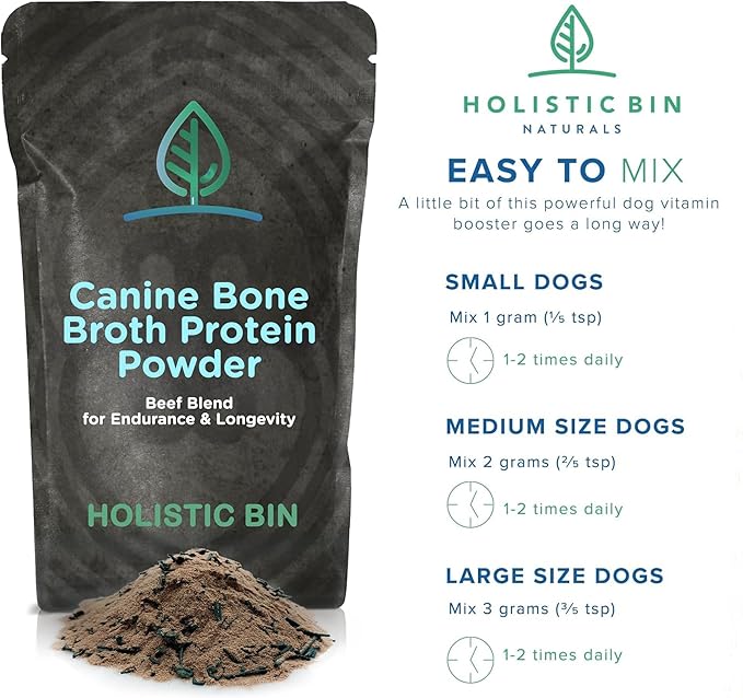 Holistic Bin Canine Beef Bone Broth Protein Powder Dog Food Toppers | Daily Supplement Powder with Bone Broth, Spirulina Nib & Beetroot | Glossy Coat, Joints & Overall Wellness | Beef Blend (50g)