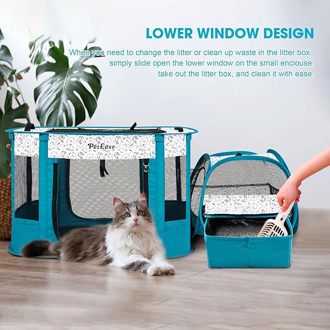 Portable 2-in-1 Dog playpen, Outdoor Cat Playpen with Litter Box Area for Indoor Cats Enclosed Rabbit Puppy Hamster Indoor/Outdoor Cats Enclosure Cages Tent (Peacock Blue)