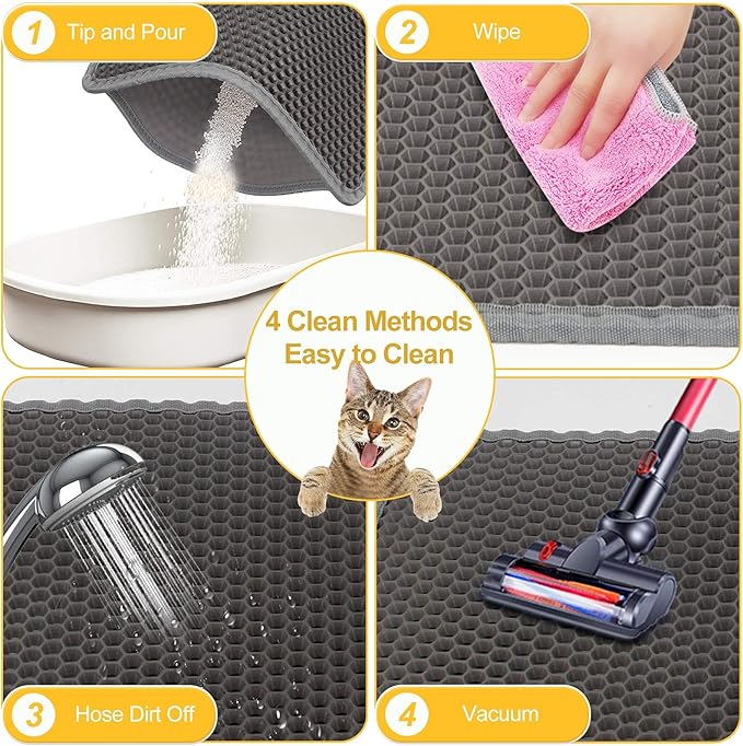 LeToo Cat Litter Mat Grey Trapping for Litter Box, No Slip & Large, Urine & Waterproof, Honeycomb Double Layer Anti Tracking Kitty Mats, No Phthalate, Washable Easy Clean (24" x 15", Grey)