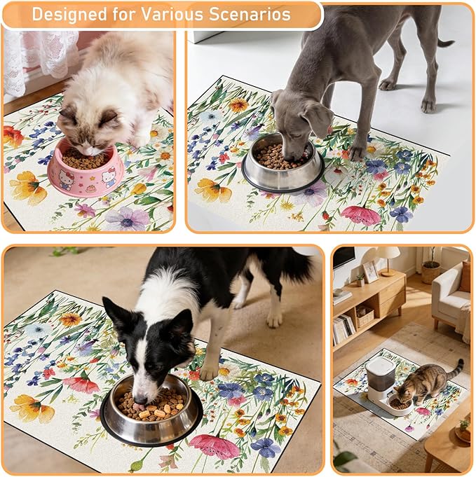 Dog Cat Food Mat - Absorbent Anti Slip Dog Bowl Mats for Food and Water, Quick Dry Cat Feeding Matts for Floors, Diatomite Pet Dish Placemat Accessories Supplies, Wildflower Style, 12 * 20in