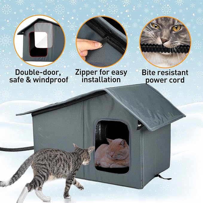 Weatherproof Heated Cat Houses for Outdoor Cats - Insulated Cat Shelter for Winter with Thermostatic Heating Pad and Escape Door, Warm Outside Pet House Gift for 1-2 Feral Cats (Medium)