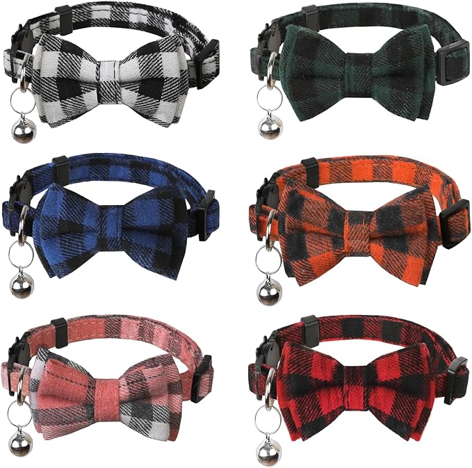 6 Pack Breakaway Cat Collar Bow Tie, Soft Plaid Kitten Collars with Bells Adjustable Buckle 8-12 in Quick Release for Small Pet