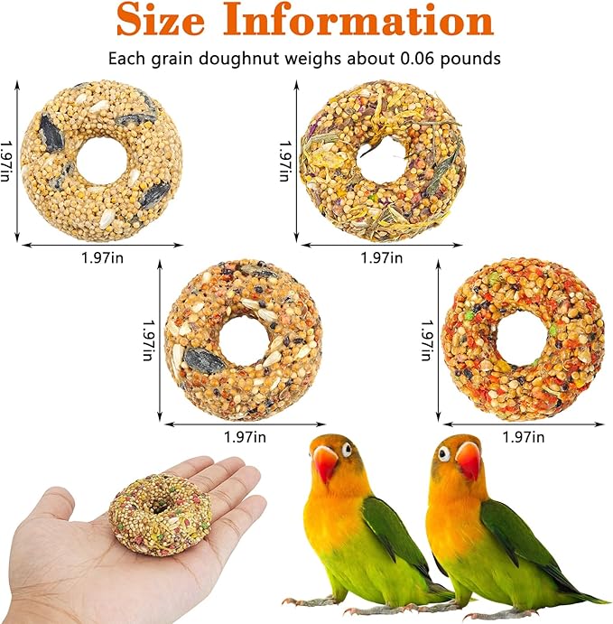 Fhiny 4 PCS Parakeet Treats, Donut Shaped Natural Grain Cockatiel Food with Fruits Vegetables Flowers and Herbs Bird Chew Toys for Parrot Conure Lovebird Training Rewards and Beak Grinding