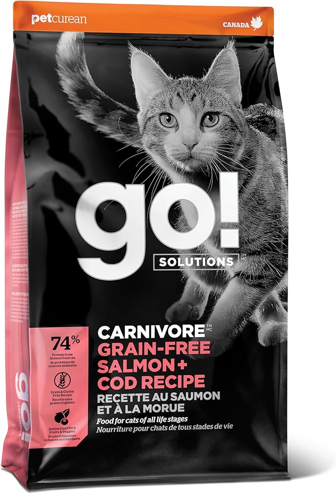 Go! Solutions Carnivore Salmon + Cod Grain-Free Dry Cat Food, Our Highest-Protein Kibble Made with Real Meat & Fish, Chicken-Free Recipe, for Kittens, Adults & Seniors, 3 lb Bag
