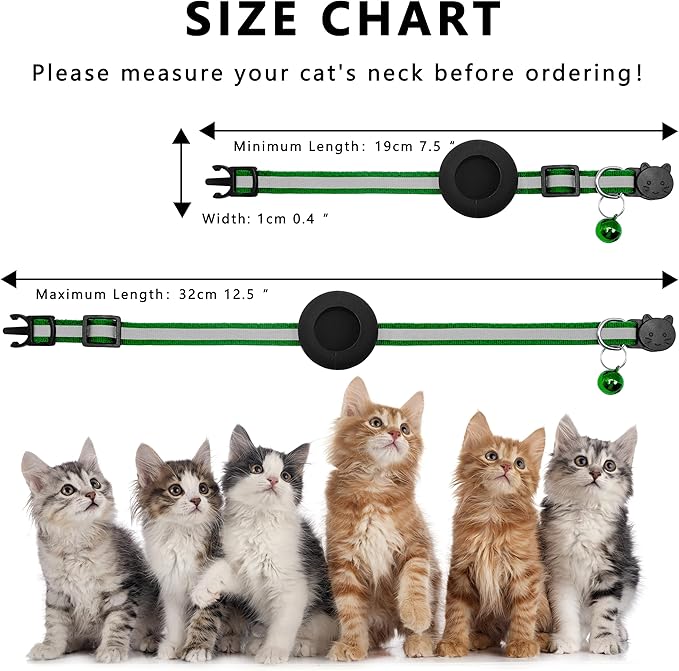Cat Collar with Air Tag Holder, Reflective Kitten Collar with Bell, Breakaway Airtag Cat Collar for Boys Girls Cats, GPS Tracker for Cats 0.4’’ Width Adjustable Safe Kitty Collar, Green