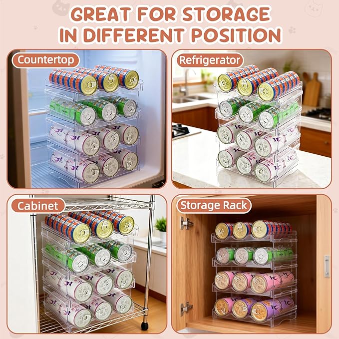 FHTONGE Heavy-Duty Cat Can Organizer for Multiple Sizes, Transparent Wet Cat Food Storage Rack for Pantry Kitchen Cabinet Rridge, 4-Tier Pet Canned Goods Dispenser Shelf Dog Tins Holder Container